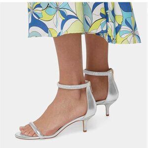 XYD Silver Low Heel Rhinestones Ankle Strap Sandals Open Toe Back Zipper Shoes